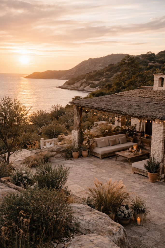 Elegante Hochzeitsdekoration auf einer Finca auf Mallorca für eine freie Trauung.
