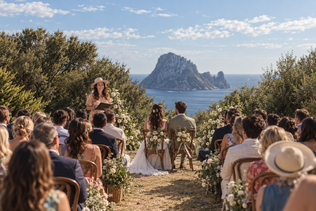 Freie Trauung auf Ibiza an einer exklusiven Klippe mit Blick auf das Meer.